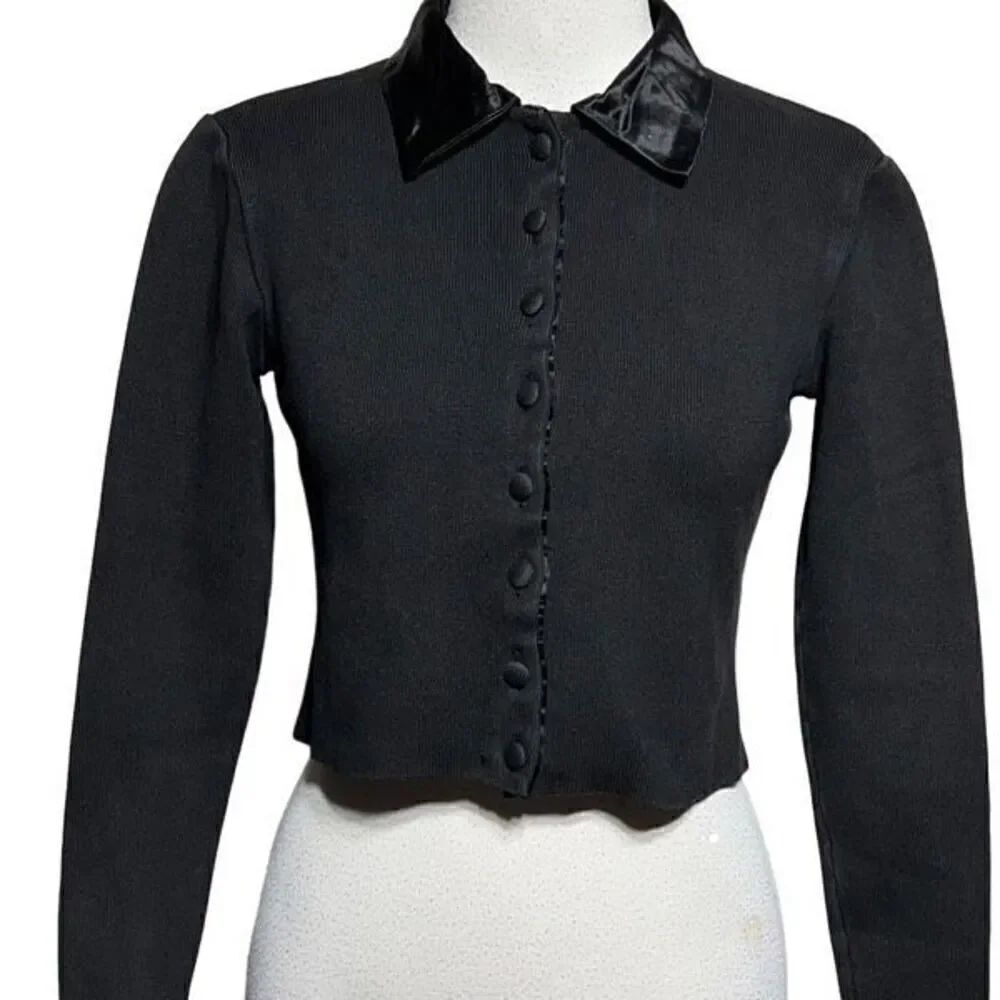 Armani A/X Black Long Sleeve Cropped Button Up Ribbed Shirt Small